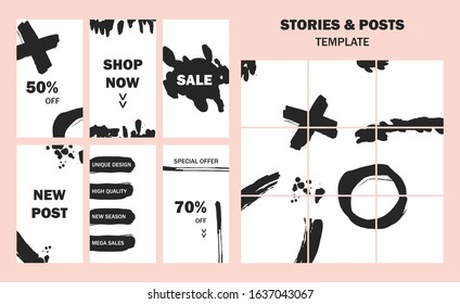 Set of trendy editable template for social networks stories and posts, vector illustration. Grunge painted design backgrounds for social media. 
