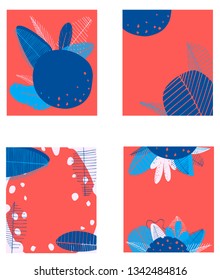 Set of trendy  editable templates for social network message in the style of flat. Design floral backgrounds for booklets, cards, invitations, brochures. Abstract plants on a red background.