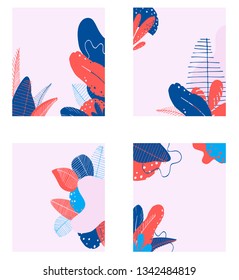 Set of trendy  editable templates for social network message in the style of flat. Design floral backgrounds for booklets, cards, invitations, brochures. Abstract plants on a light pink background.