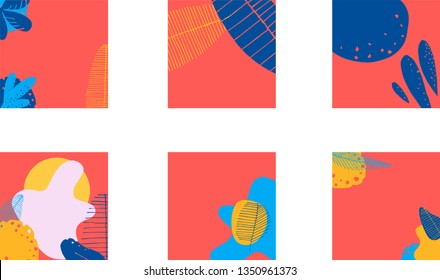 Set of trendy  editable templates for social network message in the style of flat. Design floral backgrounds for booklets, cards, invitations, brochures. Abstract plants on a red background.