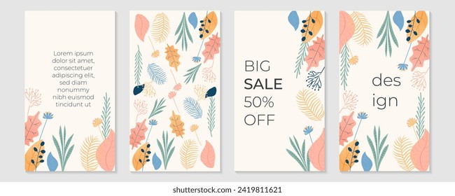 Set of trendy editable templates for social networks stories. Design backgrounds for social media. with copy space for text. Minimalistic style with floral elements.