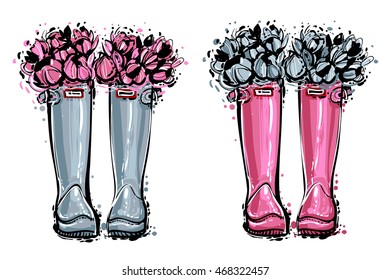 Set of trendy elements: blue and pink rubber boots with flowers. Sketch for decoration seasonal celebration, greeting card or banner on white backdrop.