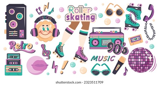 Conjunto de elementos de moda de estilo retro de los años 90, 80 y 70. Plantilla de música dibujada a mano, sol cómico de personaje de dibujos animados, patinaje sobre ruedas. Ilustración vectorial para fiesta musical nostalgia, afiche publicitario