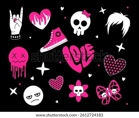 Set of trendy emo stickers in black and acid pink colors. Emo attributes, skulls, sad emoticons, hearts with patterns,
