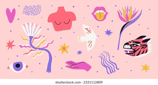 Set of trendy exotic flowers, shapes and abstract elements. Summer groovy collection with tiger, flowers, eye, lips. Vector illustration for stickers, posters, tattoos, t shirts