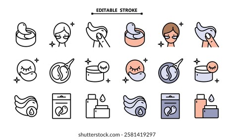 A set of trendy eye gel patch and mask icons for the beauty and skincare industry. Features hydrogel patches and cooling gel elements. Perfect for packaging of cosmetic products, spa service menus, and social media content for beauty brands.