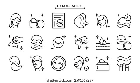 A set of trendy eye gel patch and mask icons for the beauty and skincare industry. Features hydrogel patches and cooling elements like cucumber. Perfect for packaging of cosmetic products, spa service menus, and social media content for beauty brands.