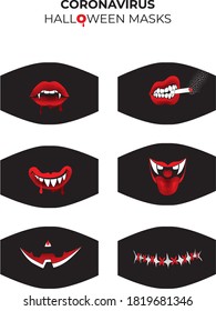 Set of trendy face masks. Lips, mouth, tongue, teeth collection. Template for printing in black white red on fabric. Halloween fashion, fangs of ghosts or demons. Funny and interesting.