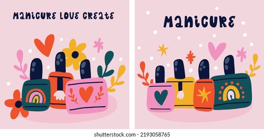 Set of trendy fashion colorful cute vector hand-drawn illustrations with nail polish and elements. Perfect for banner, social media, flyers, posters, greeting cards