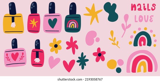 Set of trendy fashion colorful cute vector hand-drawn illustrations with nail polish and elements. Perfect for banner, patterns, social media, flyers, posters, greeting cards.