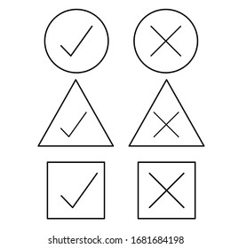 Conjunto de marcas de verificación planas e iconos cruzados de moda. ¿Verdadero o falso? Ilustración vectorial aislada en blanco y negro.