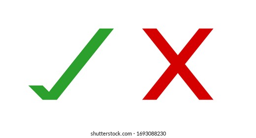Set of trendy flat check mark and cross icons. True or false? Isolated white background.