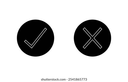 Set of trendy flat check mark and cross icons. True or false? Vector illustration isolated black and white. Eps 10.