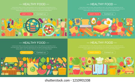 Set of trendy flat design concepts for food, cooking, restaurant. Concept icons for cooking, fruits and vegetables, restaurant and vegetarian food.