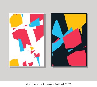 Set of trendy flat geometric brochure. Vivid banners in retro poster design style. Vintage colors and shapes art. Yellow, red and blue banner design. Vector illustration
