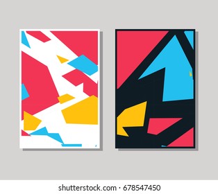 Set of trendy flat geometric brochure. Vivid banners in retro poster design style. Vintage colors and shapes art. Yellow, red and blue banner design. Vector illustration