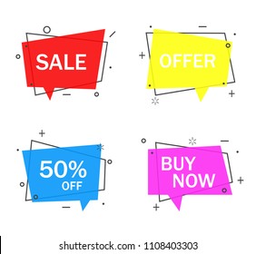 Set of trendy flat geometric vector banners. Vivid transparent banners in retro poster design style. Vintage colors and shapes.