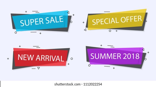 Set of trendy flat geometric vector banners. Vivid transparent banners in retro poster design style. Red and yellow colors.