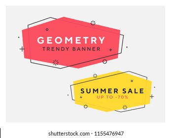 Set of trendy flat geometric vector banners. Vivid transparent banners in retro poster design style. Vintage colors and shapes. Red and yellow colors. 90s or 80s memphis style.