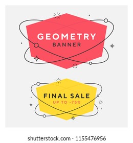 Set of trendy flat geometric vector banners. Vivid transparent banners in retro poster design style. Vintage colors and shapes. Red and yellow colors. 90s or 80s memphis style.