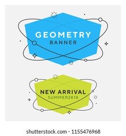 Conjunto de banners de vectores geométricos planos de moda. Banderas transparentes y vívidas en estilo de diseño de afiches retro. Colores y formas vintage. Los colores verde y azul. El estilo memphis de los años 90 u 80.