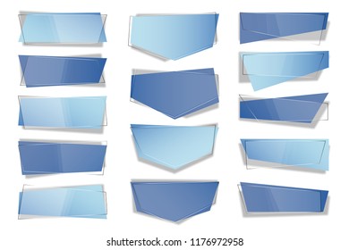 Set of trendy flat geometric vector banners. Transparent banners in design style. Blue tag label business design. Background element website.