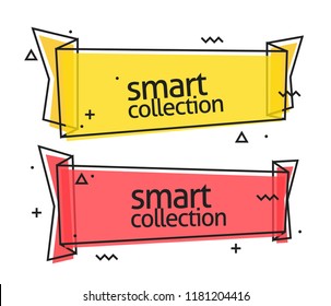 Set of trendy flat geometric vector banners. Vivid transparent banners in retro poster design style. Vintage colors and shapes. Ribbon collection.