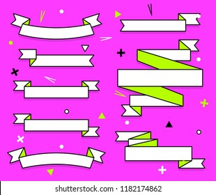 Set of trendy flat geometric vector ribbons. Vivid transparent banners in retro poster design style. Vintage colors and shapes. Red and green colors