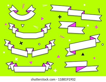 Set of trendy flat geometric vector ribbons. Vivid transparent banners in retro poster design style. Vintage colors and shapes. Red and green colors