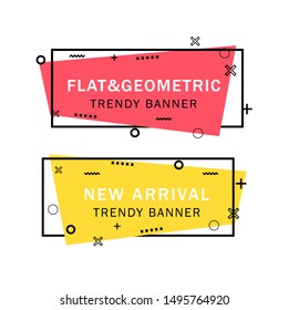 Set of trendy flat geometric vector banners. Flat linear promotion ribbon banner, scroll, price tag, sticker, badge, poster. Vintage colors and shapes. Red and yellow colors.