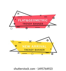 Set of trendy flat geometric vector banners. Flat linear promotion ribbon banner, scroll, price tag, sticker, badge, poster. Vintage colors and shapes. Red and yellow colors.