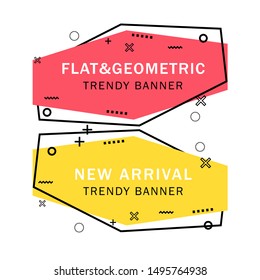 Set of trendy flat geometric vector banners. Flat linear promotion ribbon banner, scroll, price tag, sticker, badge, poster. Vintage colors and shapes. Red and yellow colors.