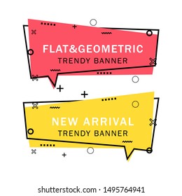 Set of trendy flat geometric vector banners. Flat linear promotion ribbon banner, scroll, price tag, sticker, badge, poster. Vintage colors and shapes. Red and yellow colors.