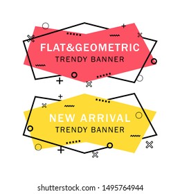 Set of trendy flat geometric vector banners. Flat linear promotion ribbon banner, scroll, price tag, sticker, badge, poster. Vintage colors and shapes. Red and yellow colors.