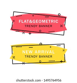 Set of trendy flat geometric vector banners. Flat linear promotion ribbon banner, scroll, price tag, sticker, badge, poster. Vintage colors and shapes. Red and yellow colors.