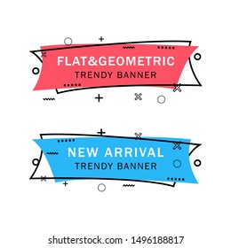 Set of trendy flat geometric vector banners. Flat linear promotion ribbon banner, scroll, price tag, sticker, badge, poster. Vintage colors and shapes. Red and blue colors.