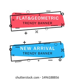 Set of trendy flat geometric vector banners. Flat linear promotion ribbon banner, scroll, price tag, sticker, badge, poster. Vintage colors and shapes. Red and blue colors.