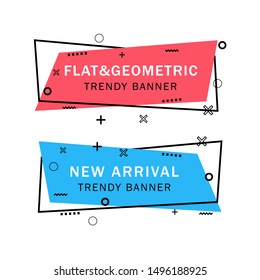 Set of trendy flat geometric vector banners. Flat linear promotion ribbon banner, scroll, price tag, sticker, badge, poster. Vintage colors and shapes. Red and blue colors.