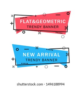 Set of trendy flat geometric vector banners. Flat linear promotion ribbon banner, scroll, price tag, sticker, badge, poster. Vintage colors and shapes. Red and blue colors.