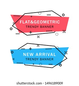 Set of trendy flat geometric vector banners. Flat linear promotion ribbon banner, scroll, price tag, sticker, badge, poster. Vintage colors and shapes. Red and blue colors.