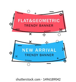 Set of trendy flat geometric vector banners. Flat linear promotion ribbon banner, scroll, price tag, sticker, badge, poster. Vintage colors and shapes. Red and blue colors.