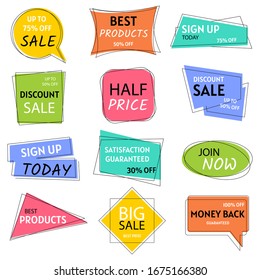 Set of trendy flat geometric vector bubbles. Vivid transparent banners in retro poster. Sale tag. Price tag. Big sale