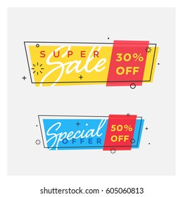 Set of trendy flat geometric vector banners. Vivid transparent banners in retro poster design style. Vintage colors and shapes. Yellow and blue ribbons.