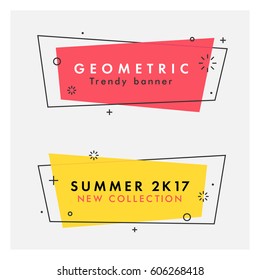 Set of trendy flat geometric vector banners. Vivid transparent banners in retro poster design style. Vintage colors and shapes. Red and yellow colors.