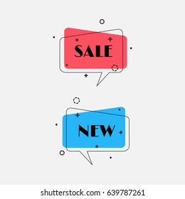 Set of trendy flat geometric vector bubbles. Vivid transparent banners in retro poster design style. Vintage colors and shapes. Grey background. Vector illustration.