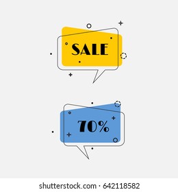Set of trendy flat geometric vector bubbles. Vivid transparent banners in retro poster design style. Vintage colors and shapes. Grey background. Vector illustration.