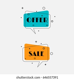 Set of trendy flat geometric vector bubbles. Vivid transparent banners in retro poster design style. Vintage colors and shapes. Grey background. Vector illustration.