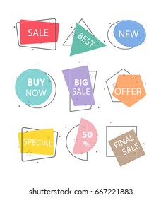 Set of trendy flat geometric vector. Vivid transparent banners in retro poster design style. Vintage colors and shapes.