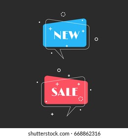 Set of trendy flat geometric vector bubbles. Vivid transparent banners in retro poster design style. Vintage colors and shapes. Black cartoon background. Vector illustration.
