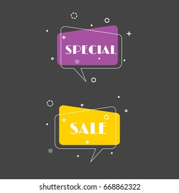 Set of trendy flat geometric vector bubbles. Vivid transparent banners in retro poster design style. Vintage colors and shapes. Black cartoon background. Vector illustration.